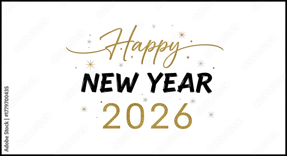 Naklejka premium Happy new year 2026 text with golden glitter and black font isolated on white background