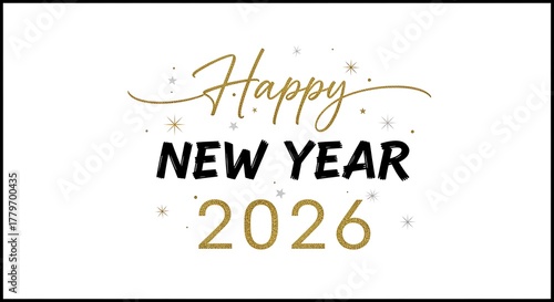 Happy new year 2026 text with golden glitter and black font isolated on white background