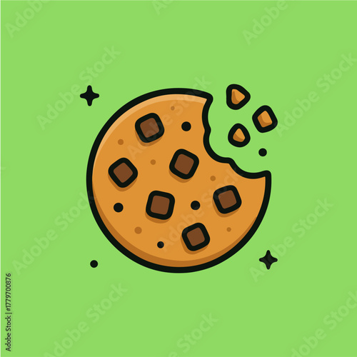 Cookie Delight: A charming, appetizing cookie with delectable chocolate chips.Cartoon vector illustration of a green apple with a single water drop on a white background, perfect for a food or snack d
