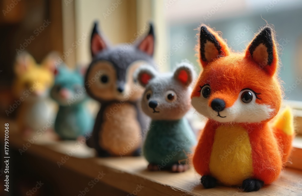 Naklejka premium Row of cute felt animal toys, including foxes, mice, and owls, sit on wooden shelf. Handmade creatures have soft textures, detailed stitching, perfect for kids stories, craft projects.