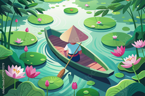 Boat on a lily pond view