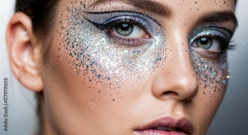 Young woman with glittery makeup and dramatic eye looks for New Year’s Eve  