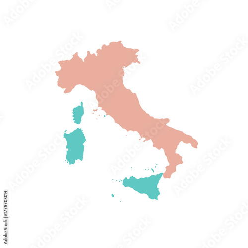 Map of Italy with regions colored in peach and turquoise  
