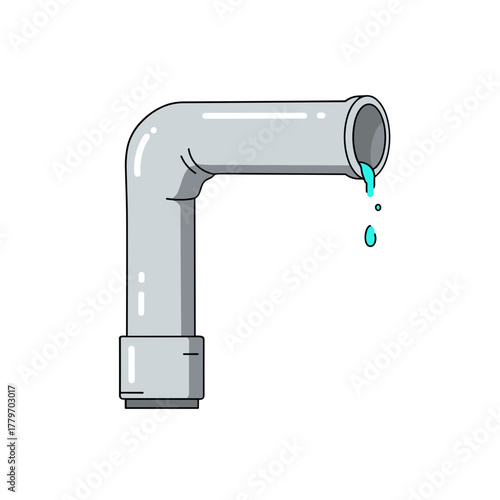 Gray plumbing pipe with water dripping from end in flat design  