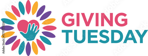 Bright Giving Tuesday Logo with Heart and Helping Hand Icon Surrounded by Colorful Petals Symbolizing Global Charity and Donation