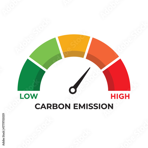CO2 Emission Level Meter. Climate Change and Decarbonization Gauge Measuring Carbon Dioxide Levels. Zero Emission Speedometer Indicator. Vector Illustration.