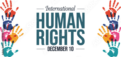 Vibrant International Human Rights Day Banner with Diverse Multi-Colored Handprints Symbolizing Global Unity, Equality, and Justice