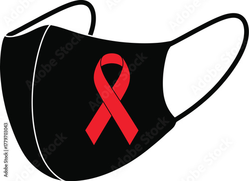 Black Fabric Protective Face Mask with a Bold Red Awareness Ribbon Icon for AIDS, HIV, Heart Disease, and Drug Prevention