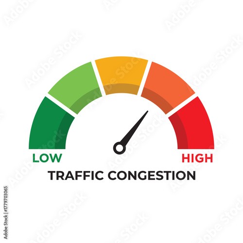 Traffic Congestion Level Meter. Speedometer Gauge Indicator Showing Road Density Scale. Vector Stock Illustration.