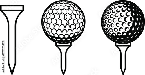 Golf ball and tee vector illustration, detailed dimple pattern sports equipment graphic, professional golfing icon for tournament branding, leisure game design elements
