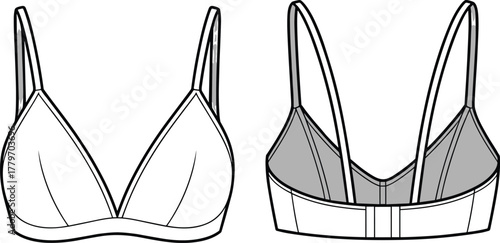 Women’s bralette front and back view, lingerie fashion design, minimal underwear style, vector flat illustration