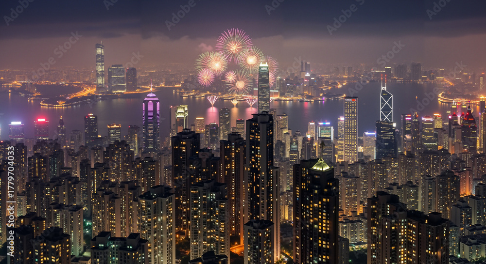 Obraz premium City skyline with fireworks celebrating New Year’s Eve at night 