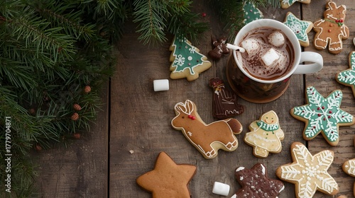Holiday décor, hot chocolate, and festive Christmas cookies