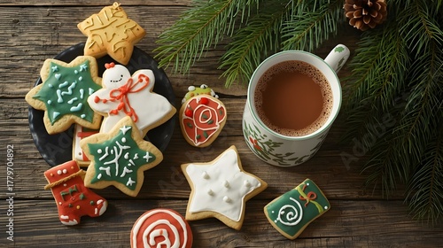 Holiday décor and festive Christmas cookies with hot chocolate