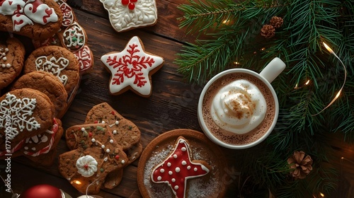 Festive Christmas cookies with hot chocolate and holiday decorations