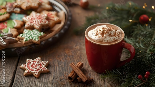 Festive Christmas cookies with hot chocolate and holiday décor