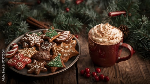 Holiday decorations and festive Christmas cookies with hot chocolate