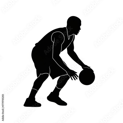 Dynamic Silhouette of a Basketball Player Dribbling, Action Shot, Sporty Theme, Black and White Vector Illustration for Print, Infographic, Logo Design, and Advertising 