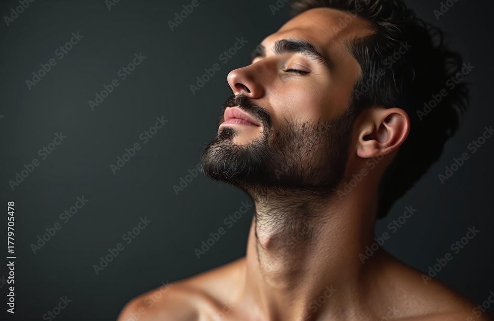 Obraz premium Young man with beard, eyes closed, tilts head back. Feels moment of pure relaxation, well-being. Person enjoys personal care, beauty ritual, skin treatment. Face looks calm, fresh, healthy.
