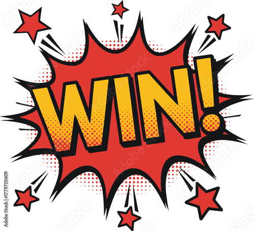 Win Comic Book Style Text Burst with Stars | Retro Design Graphic for Contests, Promotions, and Game UI