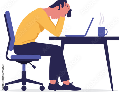 Stressed Woman at Desk with Laptop | Burnout Illustration for Mental Health Awareness, Employee Wellbeing, and Work-Life Balance Content
