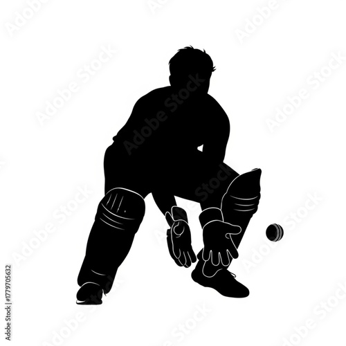 Silhouette illustration of a poised cricket wicket-keeper ready to catch a ball, minimal black and white, dynamic action, sport event, promotional material, cut out graphic