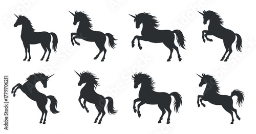 Unicorn silhouette set in different poses vector illustration design with clean composition and isolated in white background