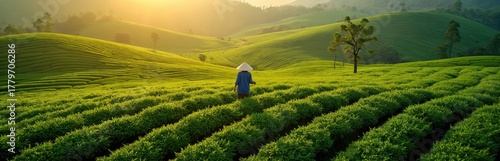 Person with conical hat walks through rich green tea rows on vast rolling hillside. Eco friendly tea garden stretches under golden sunlight, creating beautiful patterns. Serene agri landscape shows