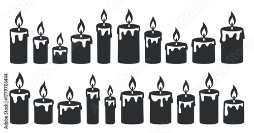 Collection of burning candle silhouettes with melting wax drips isolated on white background vector 120 characters