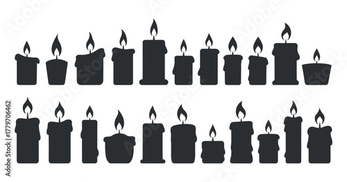 Collection of burning candle silhouettes with melting wax drips isolated on transparent background vector 120 characters