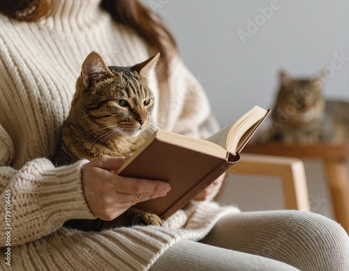 Mujer leyendo libro en sillón mientras gato está sobre la mesa, luz cálida de tarde, ropa casual