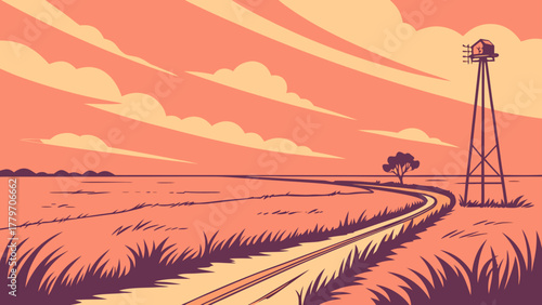 Flat design of Lubbock flatland sunset vector art
