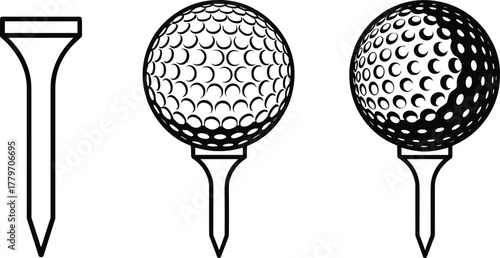 Golf tee and golf ball vector illustration, detailed dimple pattern design, sports equipment graphic for golfing icons, tournament branding and athletic leisure concepts