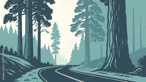 Flat design of Sequoia road through giant trees modern tone
