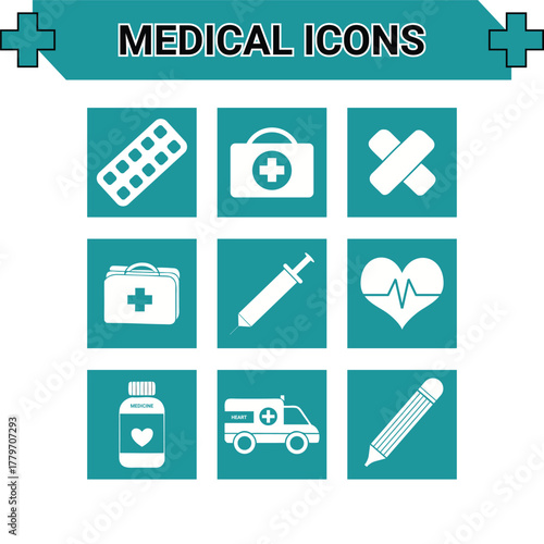 Set of twelve light blue square medical icons
