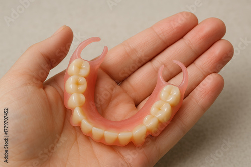 flexible nylon denture on female hand. Removable dentures flexible, devoid of nylon, hypoallergenic exempt from monomer