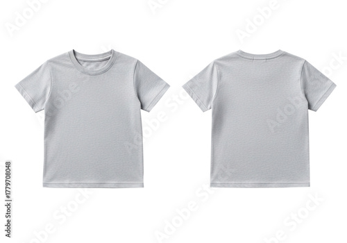 Blank gray t-shirt mockup with front and back views isolated on a white background. Plain short sleeve crewneck tee for design presentation