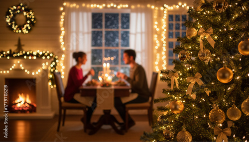 Um casal sentado à mesa comendo ceia de Natal, em ambiente decorado com luzes, brilho, árvore de Natal nítida em primeiro plano.