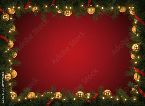 Fundo vermelho com degradê circular com festão verde ao redor, bolas douradas metálicas, formando uma moldura. Parte central livre para copy.