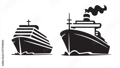 Minimal black and white cruise ship icons representing nautical transportation and travel