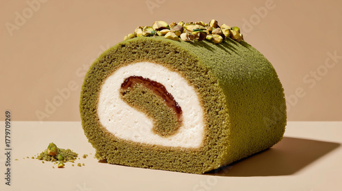 Matcha pistachio roll cake with cream filling