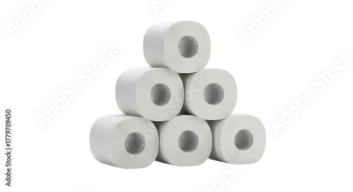 Stack of six white toilet paper rolls isolated on a transparent background