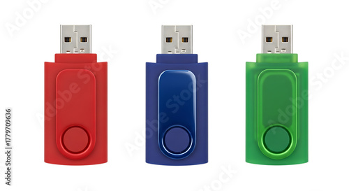 Three Colorful USB Flash Drives on Black Background isolated on a transparent background