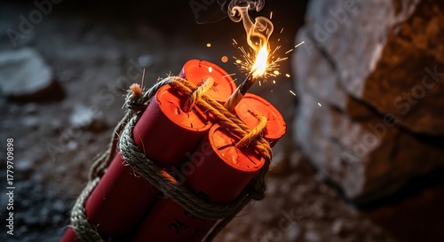 Close-up of a lit dynamite bomb with a burning fuse creating sparks, symbolizing imminent danger and an explosive situation