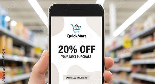 Person using a mobile app for a grocery store discount, holding a smartphone displaying a twenty percent off digital coupon in a retail environment