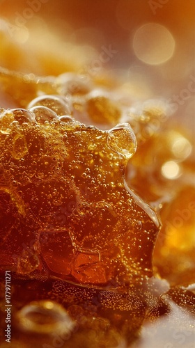 Golden bubbling honey macro shot depicting sweetness