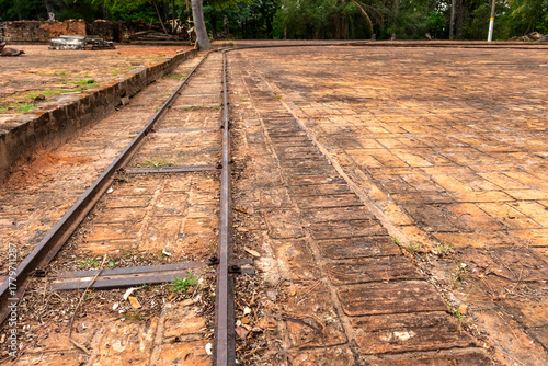Old coffee drying yard with narrow tracks once used by carts to move beans from the sun-drying area to storage barns, part of historic coffee farm logistics in Brazil.