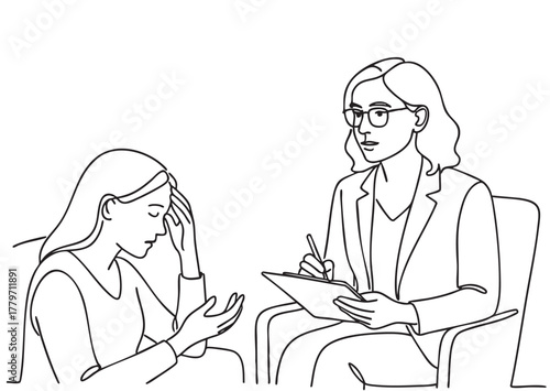 Line sketch of Woman Psychology Doctor Giving Session to Depressed Girl