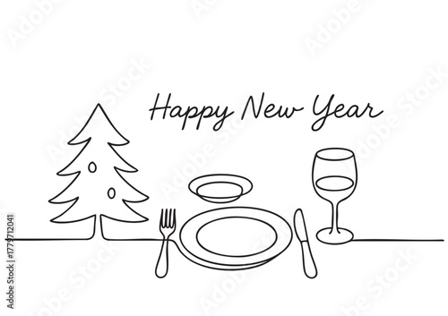 Merry Christmas greeting card, banner. Doodle drawing of served table ready for dinner