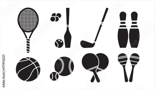 Black silhouettes of sports gear such as soccer, golf, and table tennis for athletic concepts